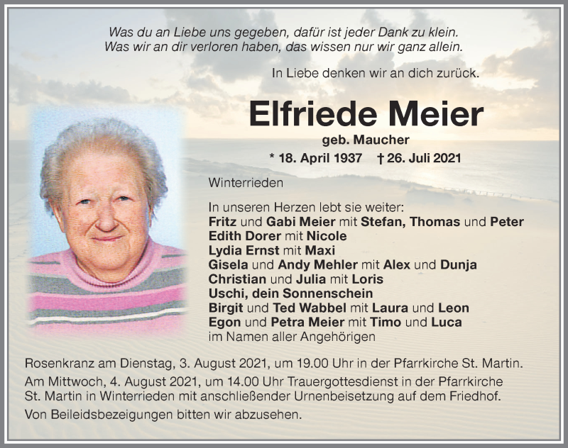 Traueranzeigen Von Elfriede Meier Augsburger Allgemeine Zeitung