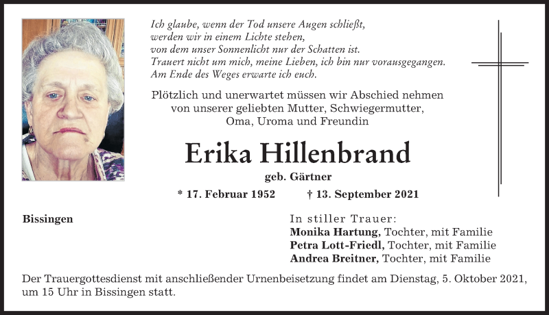 Traueranzeigen Von Erika Hillenbrand Augsburger Allgemeine Zeitung