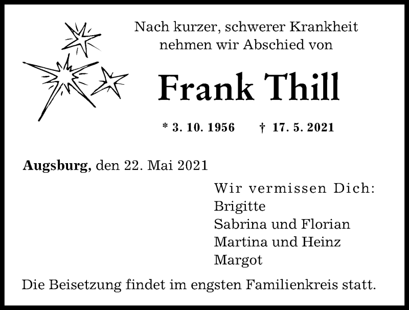 Traueranzeige von Frank Thill von Augsburger Allgemeine