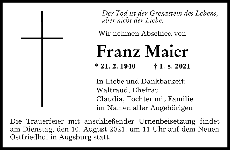 Traueranzeigen Von Franz Maier Augsburger Allgemeine Zeitung