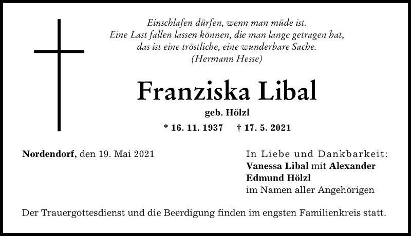 Traueranzeige von Franziska Libal von Donauwörther Zeitung, Augsburg-Land