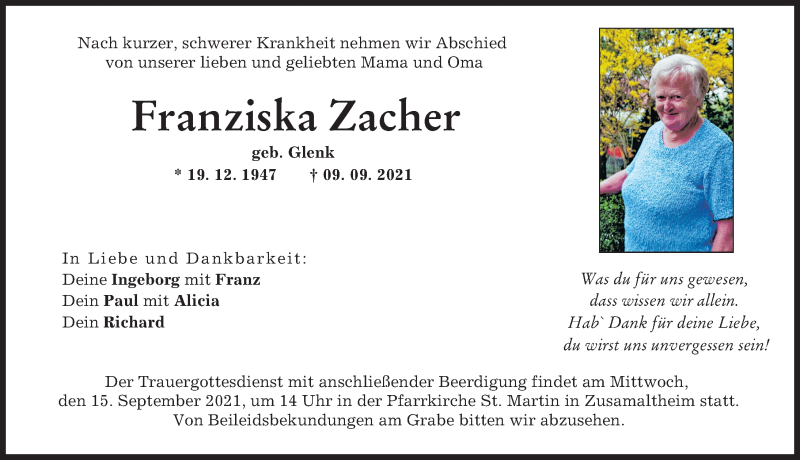 Traueranzeigen Von Franziska Zacher Augsburger Allgemeine Zeitung