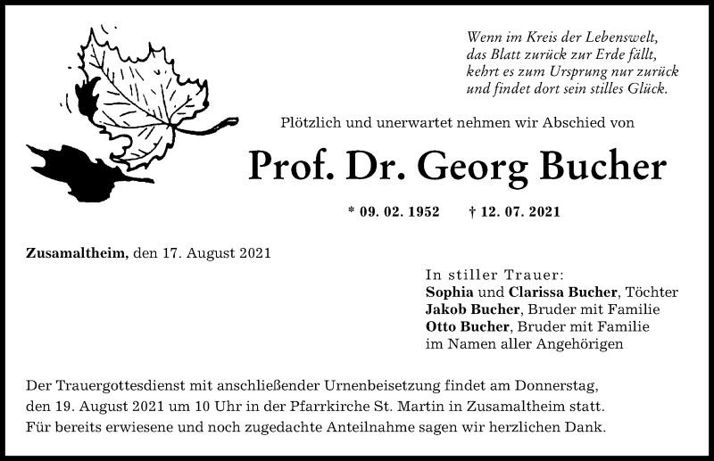 Traueranzeigen Von Georg Bucher Augsburger Allgemeine Zeitung