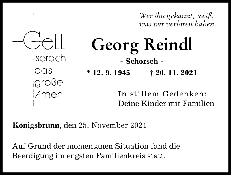 Traueranzeigen Von Georg Reindl Augsburger Allgemeine Zeitung