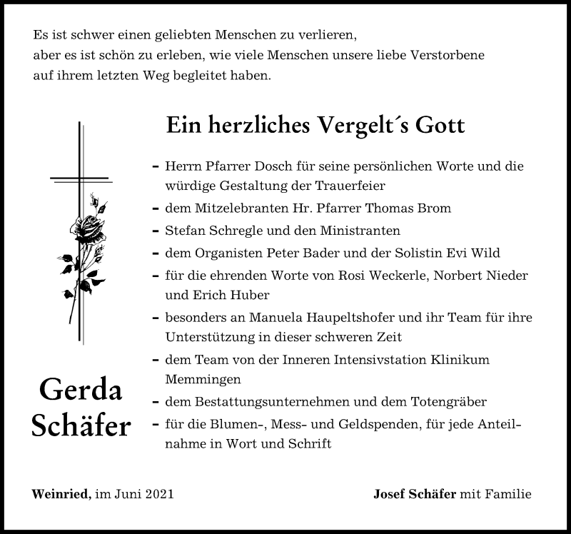 Traueranzeige von Gerda Schäfer von Memminger Zeitung