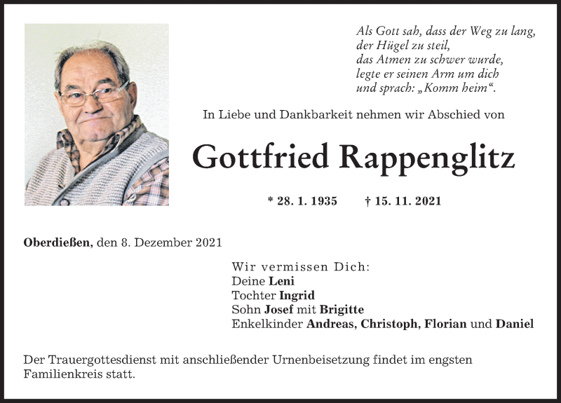 Traueranzeigen Von Gottfried Rappenglitz Augsburger Allgemeine Zeitung