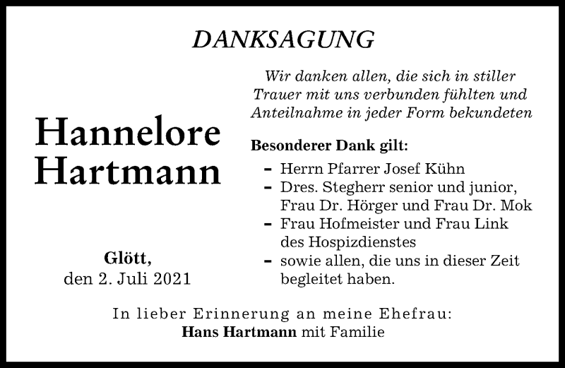 Traueranzeigen Von Hannelore Hartmann Augsburger Allgemeine Zeitung