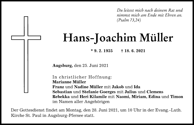 Traueranzeigen Von Hans Joachim M Ller Augsburger Allgemeine Zeitung