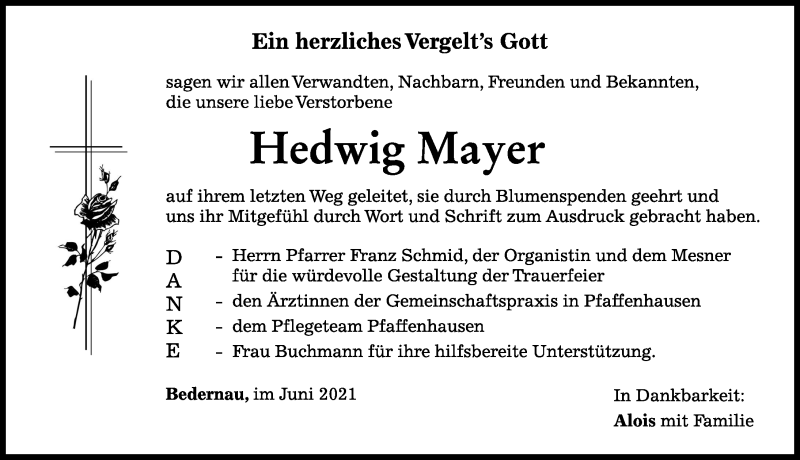 Traueranzeigen Von Hedwig Mayer Augsburger Allgemeine Zeitung