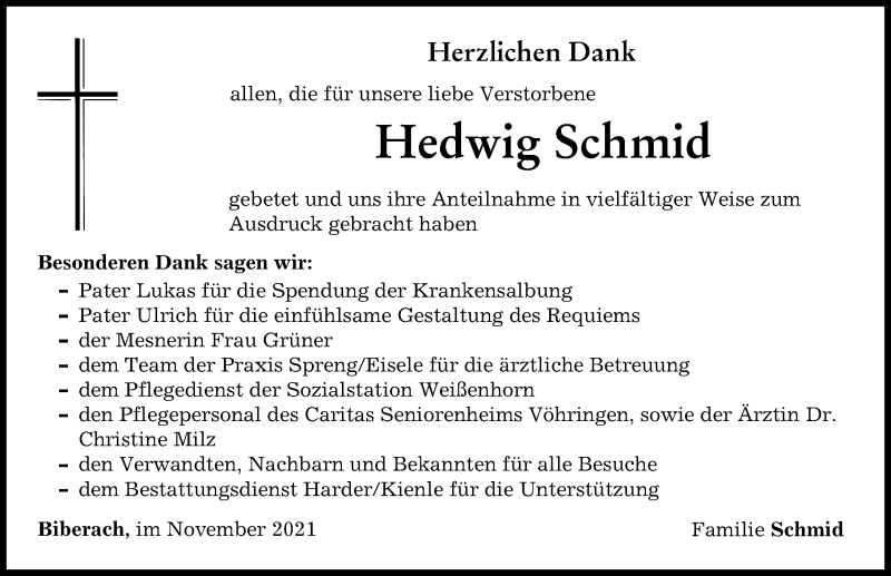 Traueranzeigen Von Hedwig Schmid Augsburger Allgemeine Zeitung