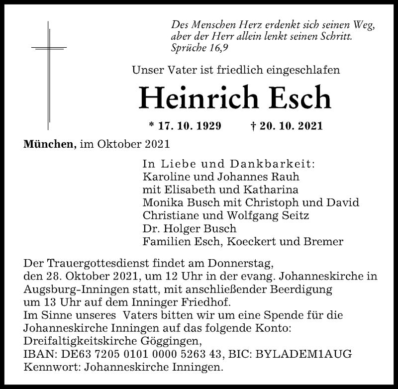 Traueranzeigen Von Heinrich Esch Augsburger Allgemeine Zeitung