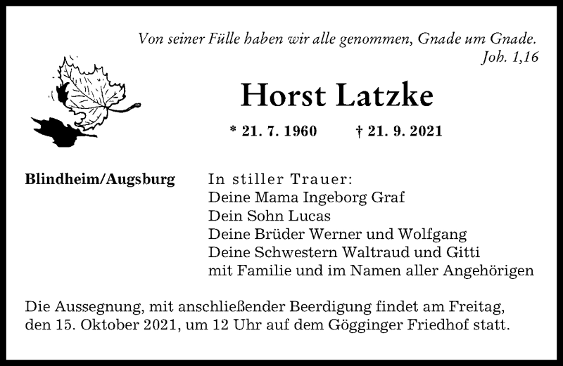 Traueranzeigen Von Horst Latzke Augsburger Allgemeine Zeitung