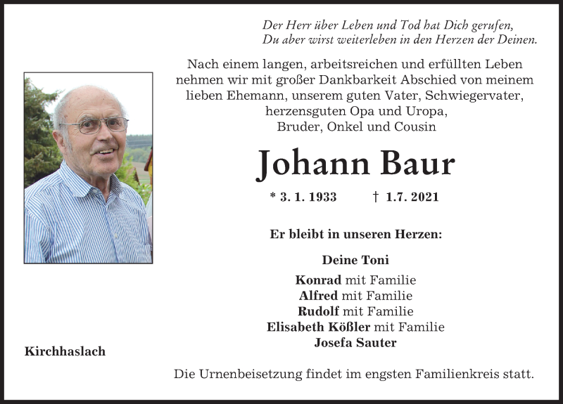 Traueranzeigen Von Johann Baur Augsburger Allgemeine Zeitung