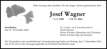 Traueranzeigen Von Josef Wagner Augsburger Allgemeine Zeitung