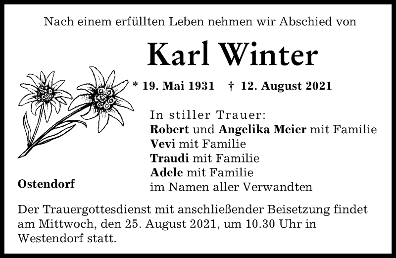 Traueranzeigen Von Karl Winter Augsburger Allgemeine Zeitung