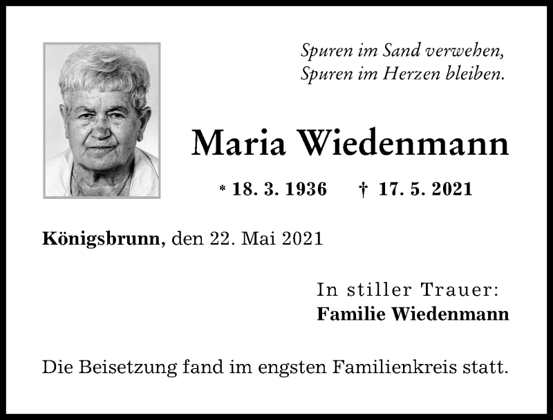 Traueranzeige von Maria Wiedenmann von Schwabmünchner Allgemeine