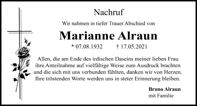 Traueranzeige von Marianne Alraun von Günzburger Zeitung
