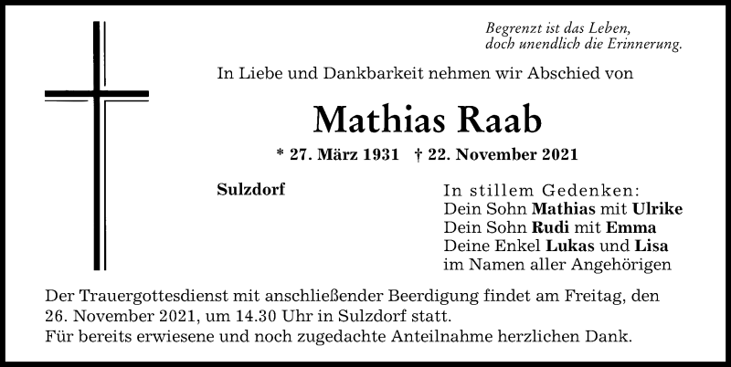 Traueranzeigen Von Mathias Raab Augsburger Allgemeine Zeitung