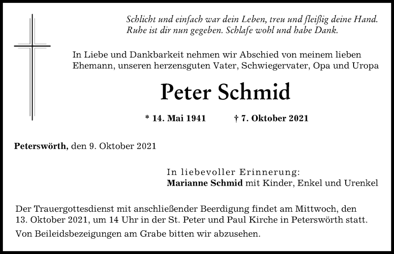 Traueranzeigen Von Peter Schmid Augsburger Allgemeine Zeitung