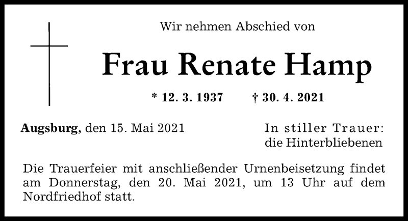 Traueranzeigen Von Renate Hamp Augsburger Allgemeine Zeitung