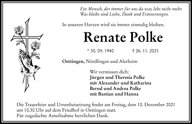 Traueranzeigen Von Renate Polke Augsburger Allgemeine Zeitung