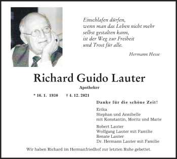 Traueranzeigen Von Richard Guido Lauter Augsburger Allgemeine Zeitung