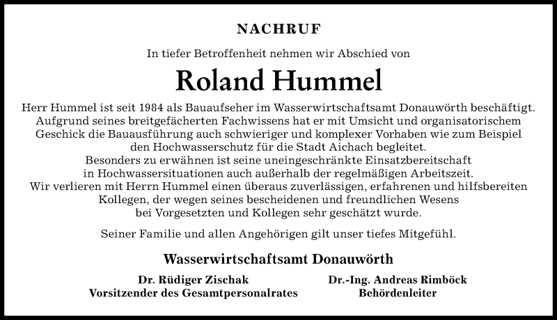 Traueranzeige von Roland Hummel von Donauwörther Zeitung