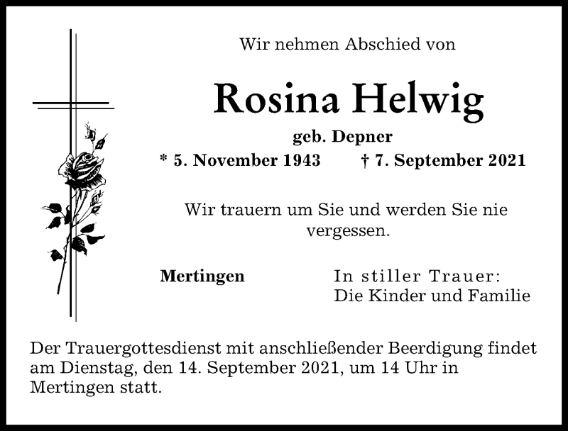 Traueranzeigen Von Rosina Helwig Augsburger Allgemeine Zeitung