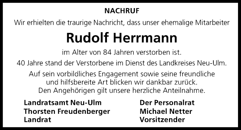 Traueranzeigen Von Rudolf Herrmann Augsburger Allgemeine Zeitung