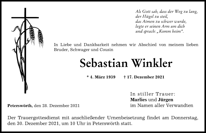 Traueranzeigen Von Sebastian Winkler Augsburger Allgemeine Zeitung