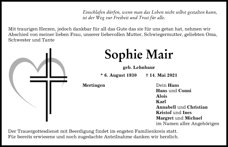 Traueranzeigen Von Sophie Mair Augsburger Allgemeine Zeitung