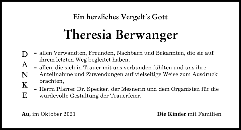 Traueranzeigen Von Theresia Berwanger Augsburger Allgemeine Zeitung