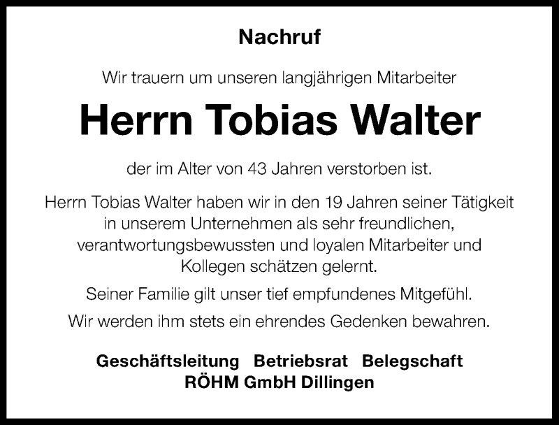 Traueranzeigen Von Tobias Walter Augsburger Allgemeine Zeitung