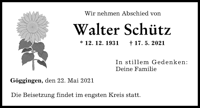 Traueranzeige von Walter Schütz von Augsburger Allgemeine