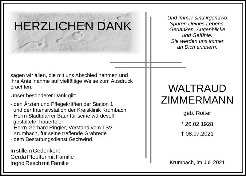 Traueranzeigen Von Waltraud Zimmermann Augsburger Allgemeine Zeitung