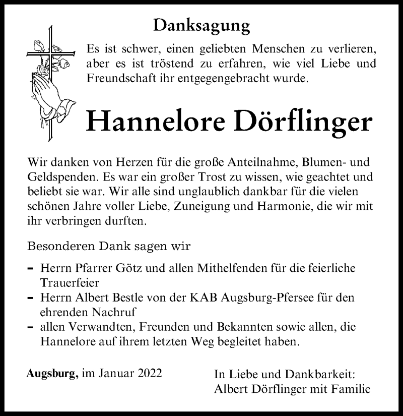 Traueranzeigen von Hannelore Dörflinger Augsburger Allgemeine Zeitung