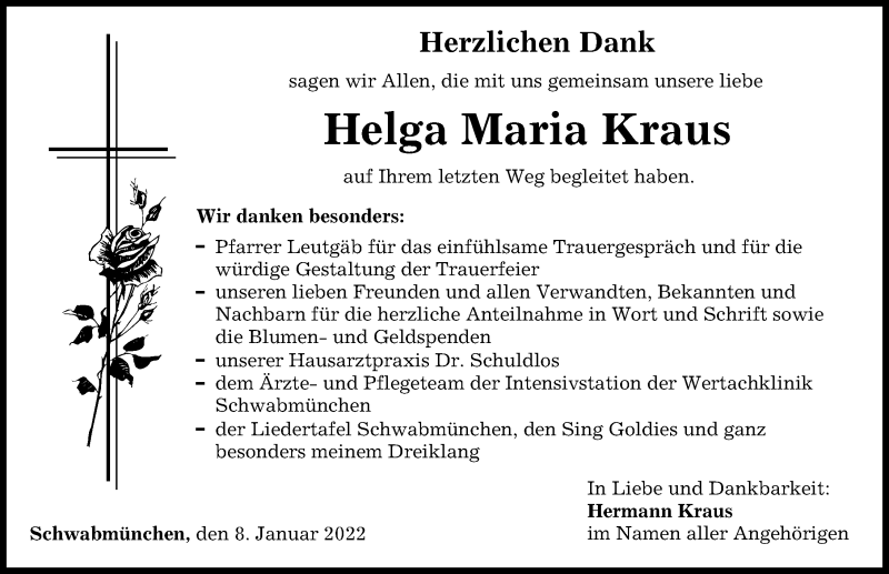 Traueranzeigen Von Helga Maria Kraus Augsburger Allgemeine Zeitung