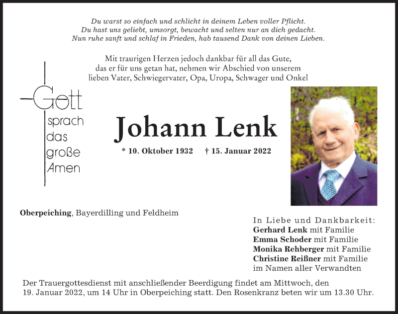 Traueranzeigen Von Johann Lenk Augsburger Allgemeine Zeitung