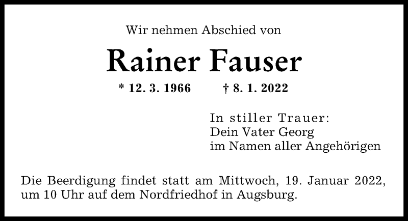 Traueranzeigen Von Rainer Fauser Augsburger Allgemeine Zeitung