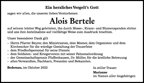 Traueranzeigen Von Alois Bertele Augsburger Allgemeine Zeitung