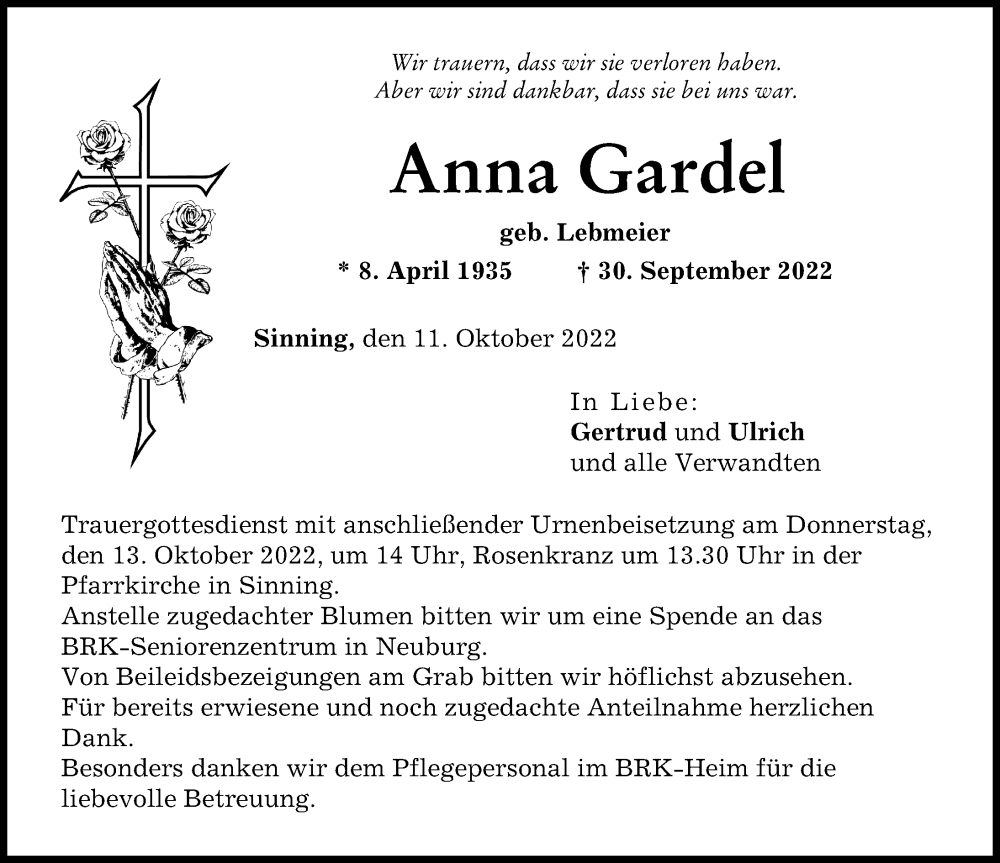 Traueranzeigen Von Anna Gardel Augsburger Allgemeine Zeitung