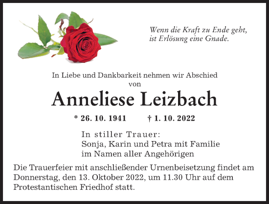 Traueranzeigen Von Anneliese Leitbach Augsburger Allgemeine Zeitung