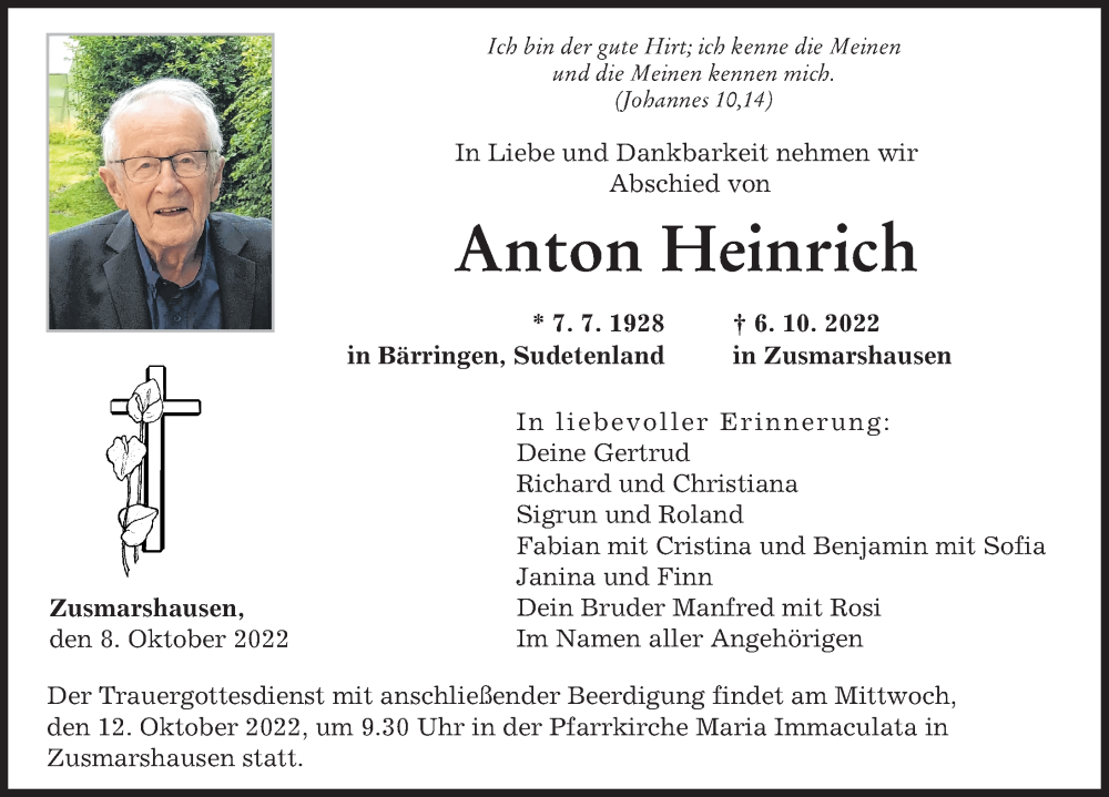 Traueranzeigen Von Anton Heinrich Augsburger Allgemeine Zeitung