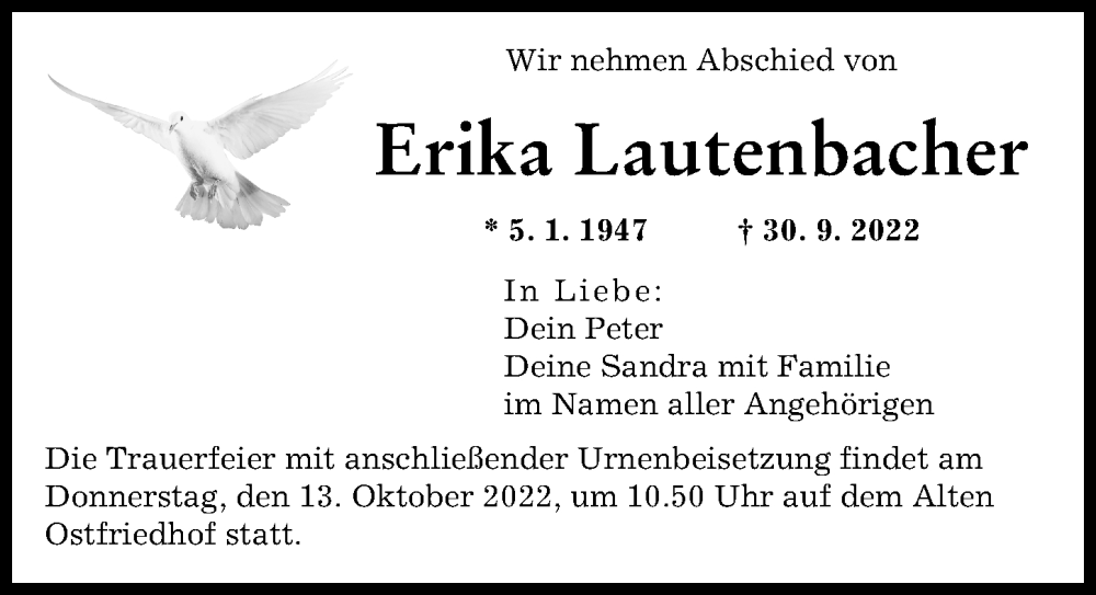 Traueranzeigen Von Erika Lautenbacher Augsburger Allgemeine Zeitung