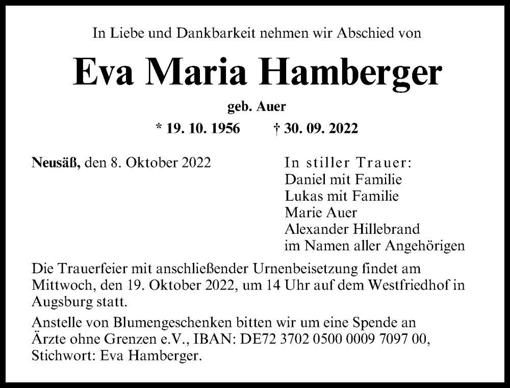 Traueranzeigen Von Eva Maria Hamberger Augsburger Allgemeine Zeitung