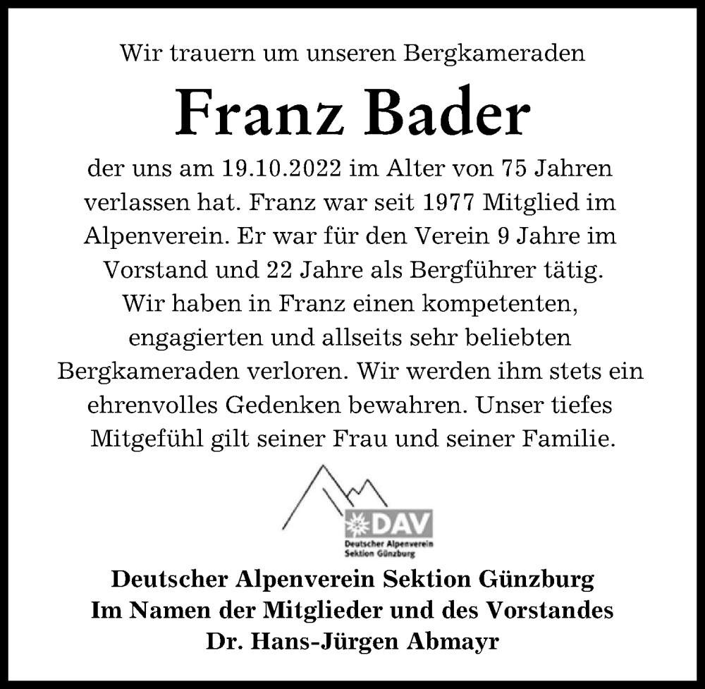 Traueranzeigen Von Franz Bader Augsburger Allgemeine Zeitung