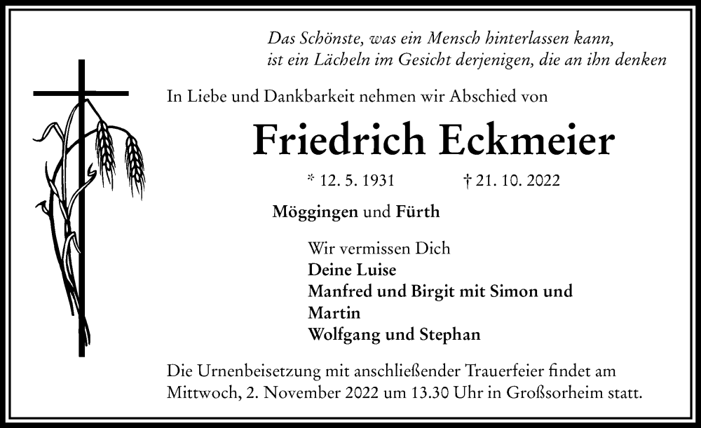 Traueranzeigen Von Friedrich Eckmeier Augsburger Allgemeine Zeitung