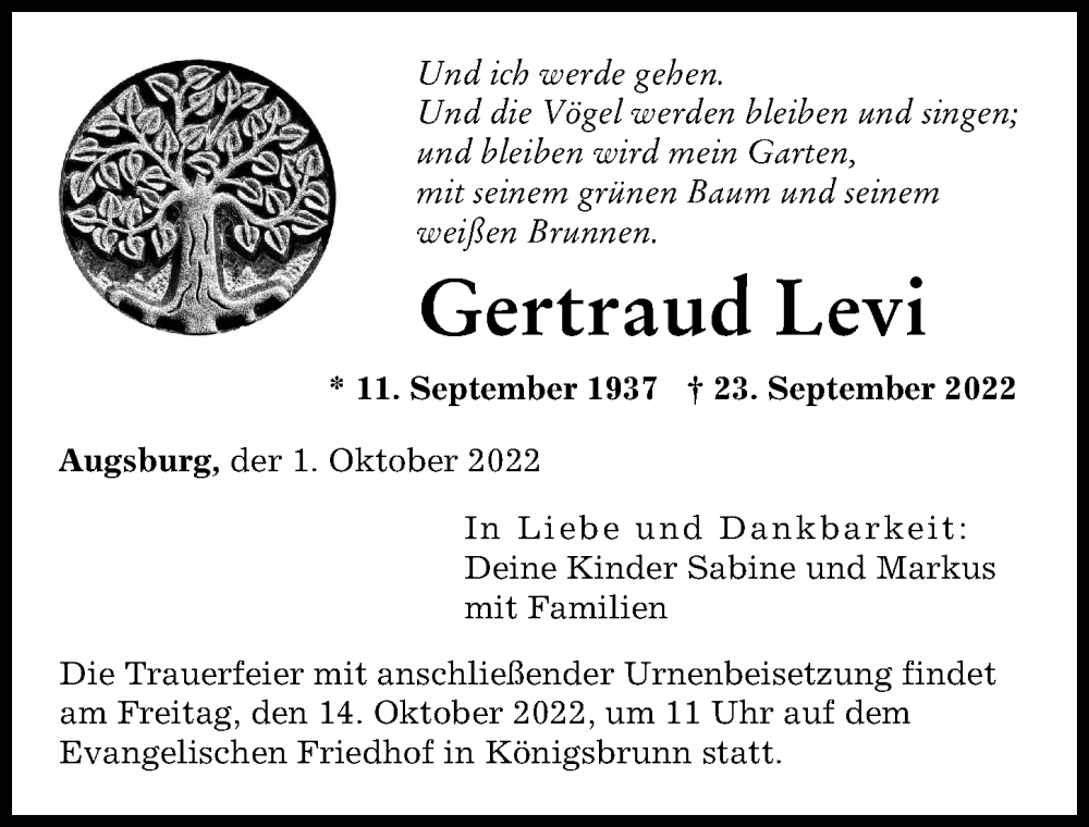 Traueranzeigen Von Gertraud Levi Augsburger Allgemeine Zeitung