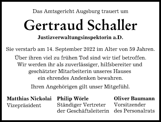 Traueranzeigen Von Gertraud Schaller Augsburger Allgemeine Zeitung