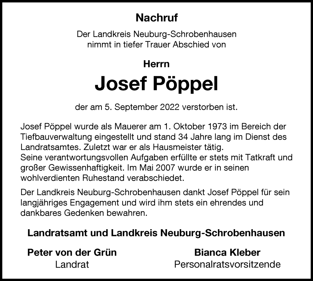 Traueranzeigen von Josef Pöppel Augsburger Allgemeine Zeitung